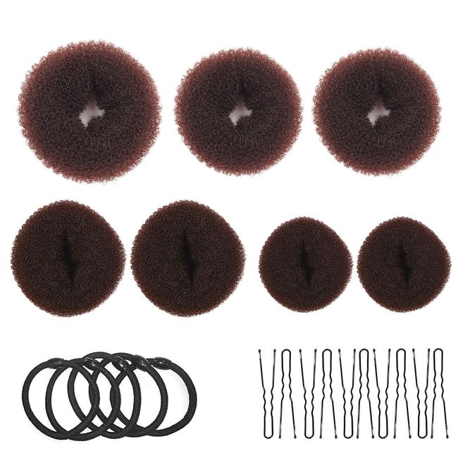 Donut Hair Bun Maker Set 7 Stück - Frisurenhilfe Set mit 5 elastischen Haarband, 10 U-Form Haarspange Haarnadel, Haarknoten Former Set für Kinder Mädchen Frauen, Braun