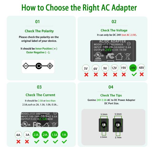 Gonine 24V 2.5A LED Power Supply Adapter, 60W 100-240V AC to DC 24 Volt Converter Charger fit for 24Vdc 2.5A 2A 1.75A 1.5A Transformer.