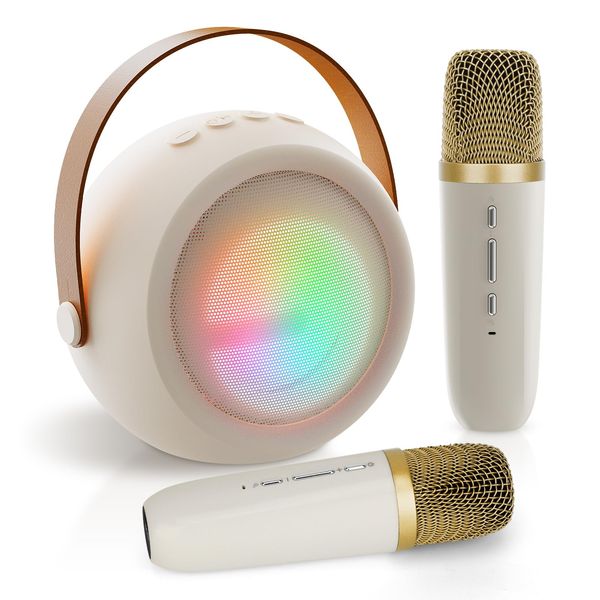 JYPS Mini Karaoke Machine for Kids - Portable Bluetooth Speaker with 2 Wireless Microphones, for Girls Boys Ages 3 4 5 6 7 8 9 10 11 12+, Family Party Toy (Beige-2Mic)