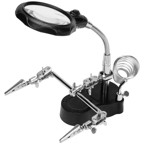 Kurtzy Helping Hands Stand with LED Light, Magnifying Glass & Soldering Iron Holder - 3.5X/12x Magnifier Lens - Adjustable Third Hand with Alligator Clips - Jewellery & Electronics Hobby Repair Tool