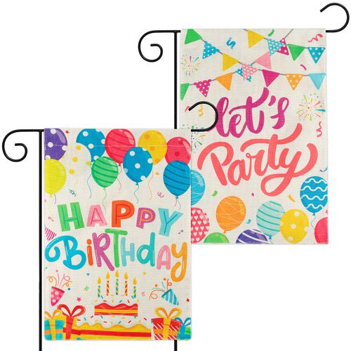 WATINC 2Pcs Happy Birthday Garden Flags Let’s Party Burlap Yard Signs Vertical Double Sided Readable Birthday Cake Banner Poster Party Decorations Supplies for Indoor Outdoor Lawn 12.3 x 18.5 Inch