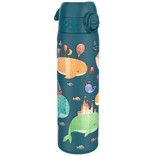 Ion8 Steel Water Bottle, 600 ml/20 oz, Leak Proof, Easy to Open, Secure Lock, Dishwasher Safe, Flip Cover, Fits Cup Holders, Carry Handle, Durable, Metal Water Bottle, Raised Print, Whales Design
