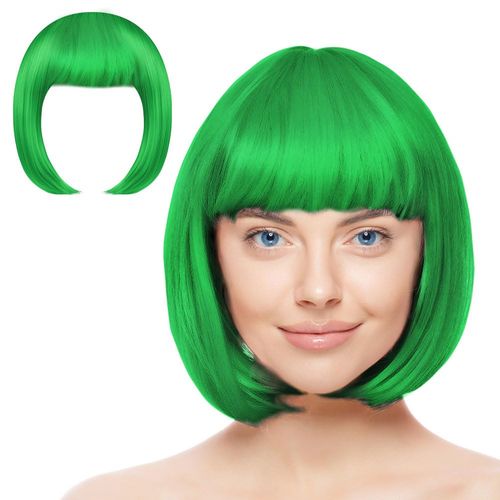 AOMIG Short Bob Wig for Women, 3 Pack Short Green Bob Wigs Set with 2 Wig Cap, Neon Fancy Dress Accessory Cosplay Party Wig, Synthetic Straight Wig for Daily Halloween Decorations