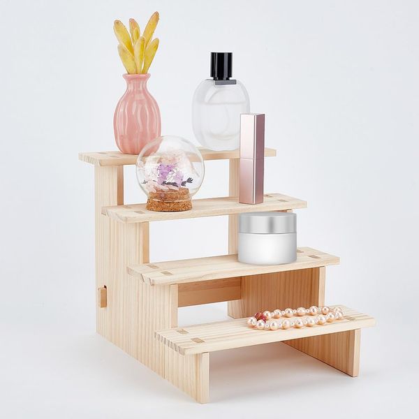 NBEADS 4-Tier Wooden Display Riser Shelf, 23.9x20x18.7cm Antique White Tabletop Small Food Stand Risers Display Makeup Step Perfume Organizer for Fragrance Cosmetics Figure Collection