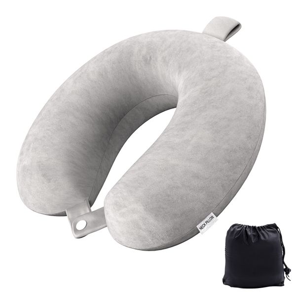 Travel Pillow Memory Foam Neck Pillow Lightweight Quick Pack for Airplane Train Car Travel Camping Neck Support Pillow (Light Grey)