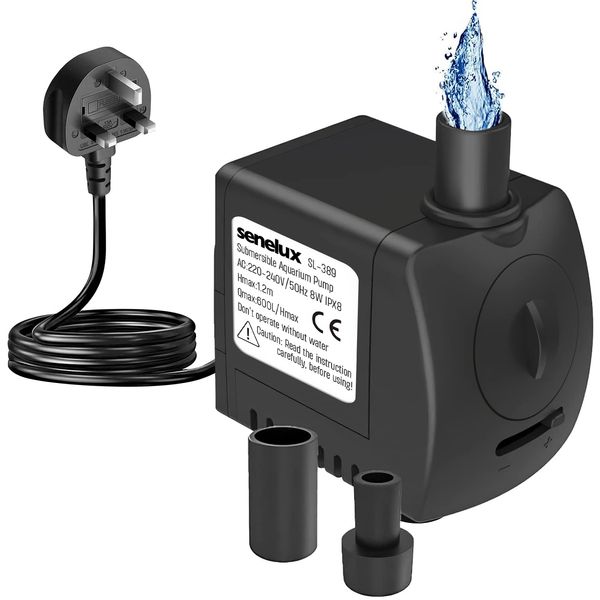 Submersible Water Pump, Senelux 130GPH (600L/H) 8WFountain Water Pump, Replacement Pump for Pet Fountains, Aquarium, Fish Tank, Pond, Statuary, Hydroponics with 4.7ft Power Cord and 2 Nozzles