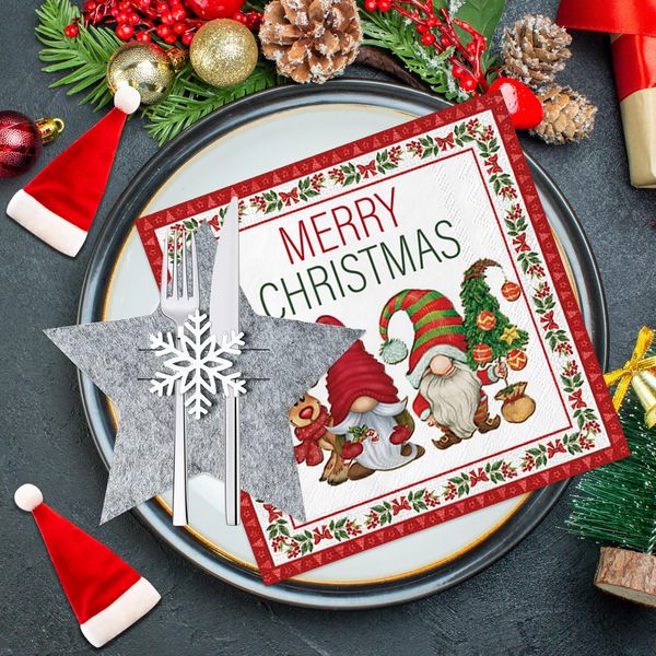 12Stück Besteckhalter Weihnachten Filz Stern Grau + 20Stück Weihnachten Servietten Weihnachten Elfen Zwerge, Tischdeko Weihnachten, Weihnachtsbaum Bestecktaschen für Weihnachtstischdekoration Party