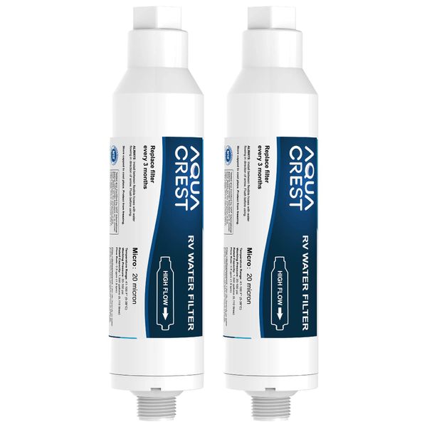 AQUA CREST RV Water Filter, RV Inline Hose Water Filter, Garden and Camper Water Filter, NSF Certified, Greatly Reduces Chlorine, Bad Taste, Odor, 2 Pack New Label Design