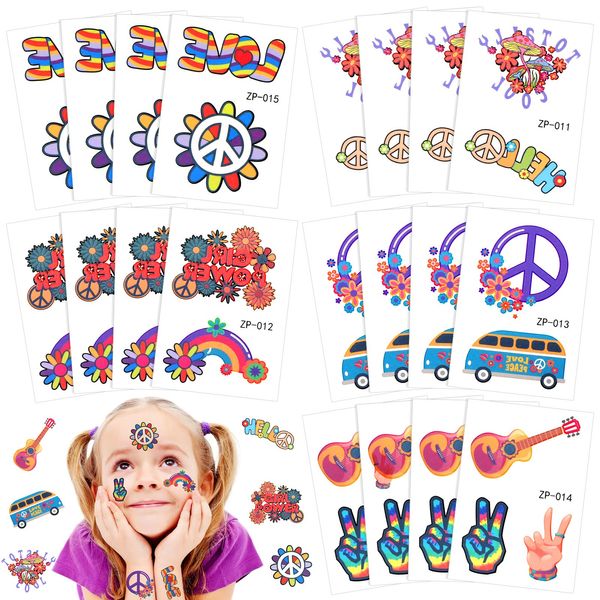 Qpout 20 STÜCKE Hippie Temporäre Tätowierung Trendige Hippie Blume Tattoo Aufkleber Gesichtstattoos für Erwachsene und Kinder Liebes- und Friedenszeichen Temporäre Tätowierung Party Favor Zubehör