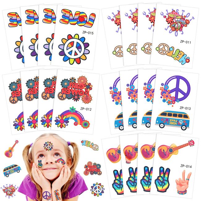 Qpout 20 STÜCKE Hippie Temporäre Tätowierung Trendige Hippie Blume Tattoo Aufkleber Gesichtstattoos für Erwachsene und Kinder Liebes- und Friedenszeichen Temporäre Tätowierung Party Favor Zubehör