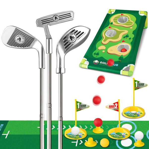 Liberry Toddler Golf Set for 3 4 5 6 Years Old Boys Girls, Retractable Kids Golf Clubs Set with Putting Mat & Golf Cornhole Board, Outdoor Indoor Sports Toy Birthday Gift