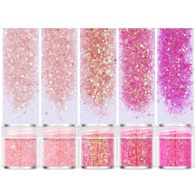 Kingsie Glitter in Containers, Sparkly Nail Parts, Nail Art, Glitter Powder, Face, Body, Hair Ornament, Christmas Party, Set of 5 (Pink)