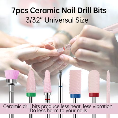 Kredioo Punte Fresa Unghie in Ceramica, 7pcs Nail Drill Bits Set per Rimozione Gel/Smalto/Cuticole & Ricostruzione Unghie, 3/32" Standard Universale, Manicure e Pedicure
