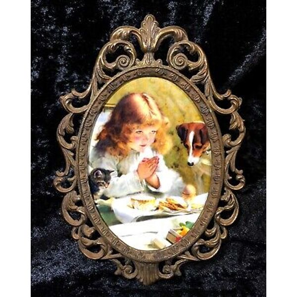 Barber Painting Victorian Suspense Girl Praying Bed Dog Cat Framed Art Print