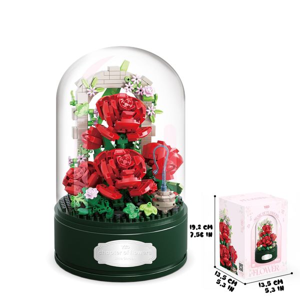 CHDBLOCK Red Rose Rotating Music Box Block Set Flower Blocks Plant Series Rotating Music Box Building Block Set Valentine's Day, Birthday Gift for Girls Boys Couples Adults Kids（574PCS ）