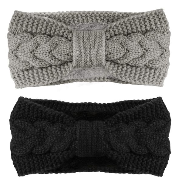 Telgoner Stirnband Damen Winter, 2 Pcs Stirnbänder Strick, Haarband Ohrenwärmer Elastische, Haarbänder Verdicken Headwrap Kopfband für Damen/Frauen/Mädchen(Dunkelgrau + Hellgrau)