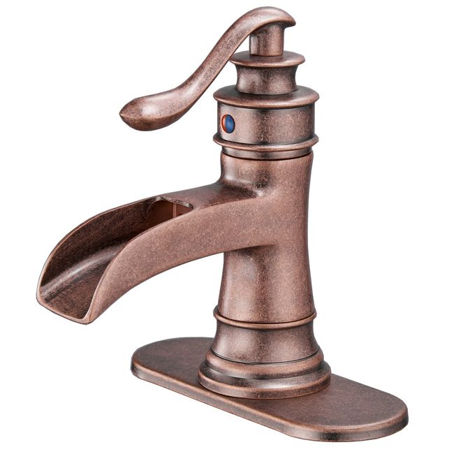 BWE Copper Bathroom Faucet Antique Brass Sink Vanity Bath Restroom Basin Single Handle Waterfall Rose Mixer Tap One Hole Lever Deck Mount Commercial Lead-Free