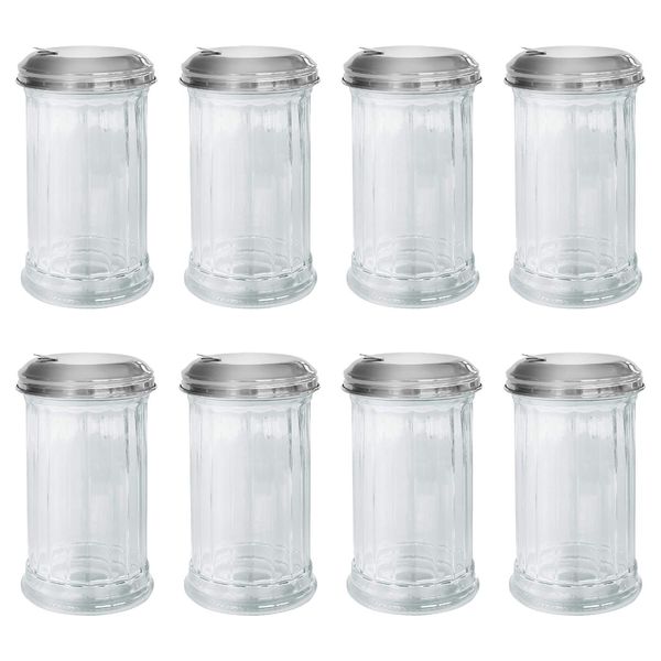 Lucenté Set of 8 Sugar Dispensers - Stylish Retro Glass & Stainless Steel Pourers with Functional Flip Top Opening - 13.5cm (H) x 7.5cm (W) - Suitable for Domestic & Commercial Settings.