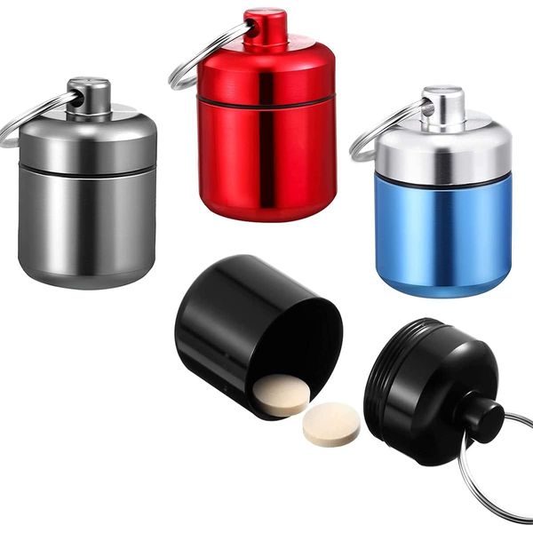 DARENYI Metall Pillendose Klein Pillendose Schlüsselanhänger Wasserdicht Tablettenbox Pillendose Klein für Unterwegs Aluminium Pillenbox Mini Pillendose für Reise Camping Angeln (4 Farben)