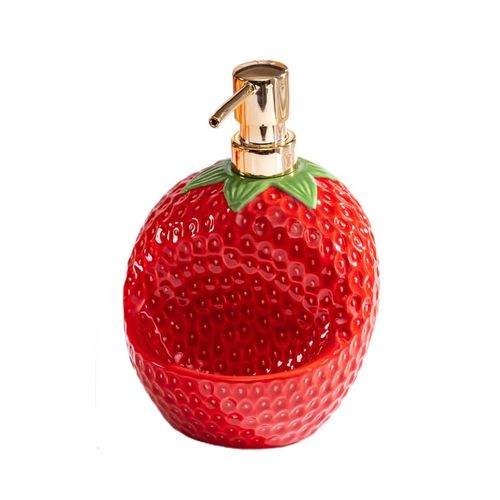 WAIT FLY Ceramic Strawberry Soap Dispenser with Sponge Holder, Refillable Lotion Soap Pump Bottle and Sponge Holder 2 in 1 for Kitchen, Home Decoration-Red