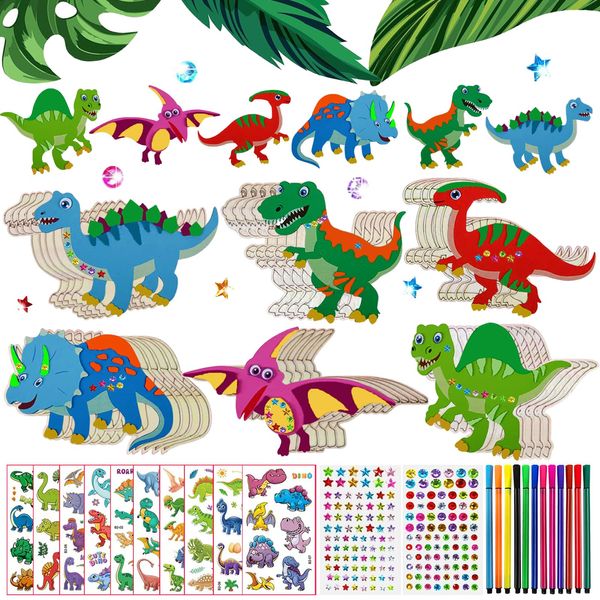 246 Pcs Dinosaur Crafts, Wooden Dinosaurs to Paint, Wooden Painting Crafts for Kids, with 30 Wooden Blocks 202 Rhinestones 12 Color Pens 2 Stickers, DIY Crafts and Birthday Party Gifts for Kids