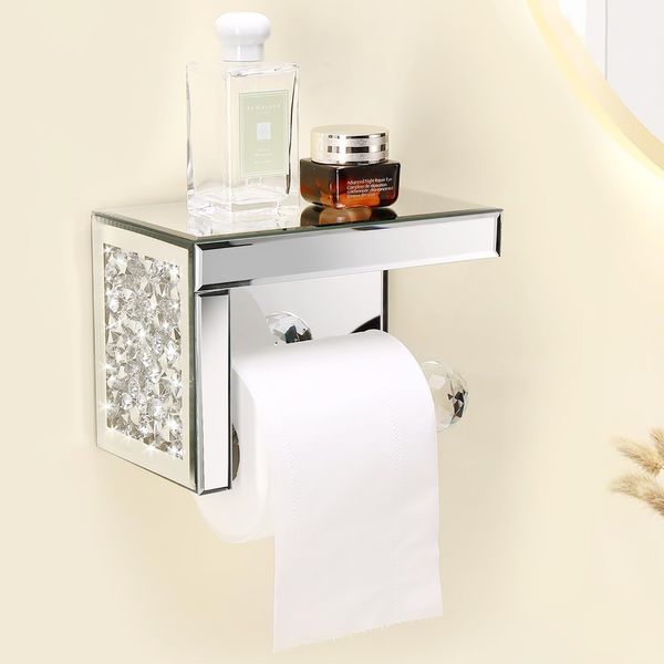 TACIDON Crystal Crush Diamond Toilet Paper Holder with Mirrored Shelf. Silver Mo