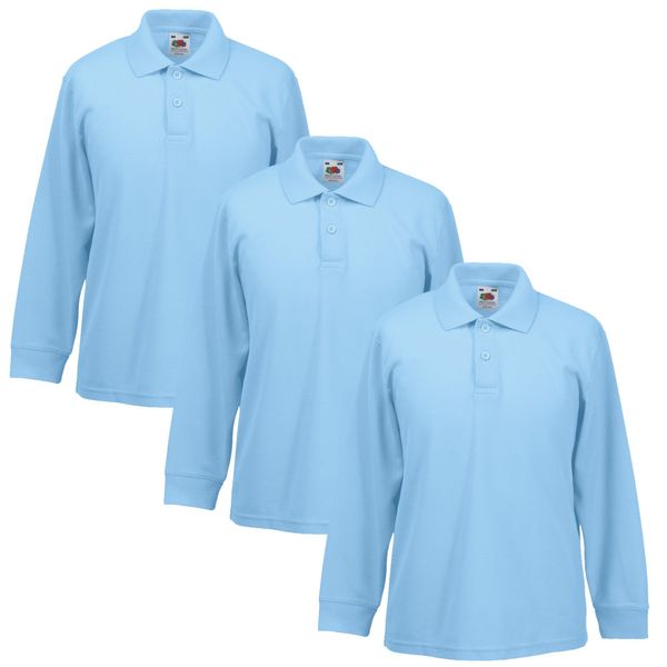 3 PACK Fruit Of The Loom Children's LONG SLEEVE 65/35 Polo Shirt School Uniform Boys Girls (9-11 Years 32 Inch Chest, 3 x Sky Blue)