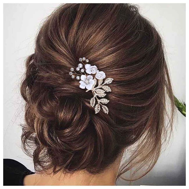 Cimenexe Bohemian Kristall Blume Haar Kamm Weiße Blume Haarspange Goldblatt Kopfbedeckung Vintage Perle Kopfbedeckung Haarteil Dekorative Hochzeit Kamm Haarschmuck Schmuck Für Frauen Und Mädchen