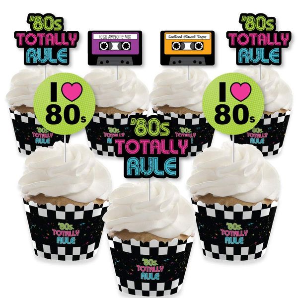 80's Retro - Cupcake Decoration - Totally 1980s Party Cupcake Wrappers and Treat Picks Kit - Set of 24