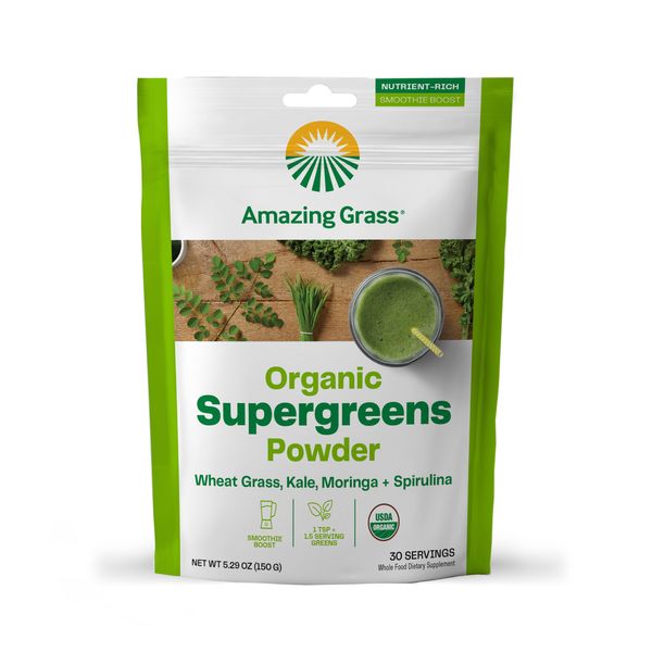 Amazing Grass Super Greens Booster: Greens Powder Smoothie Mix with Spirulina, Moringa, Wheat Grass & Kale Smoothie Booster, Chlorophyll Providing Greens, 30 Servings