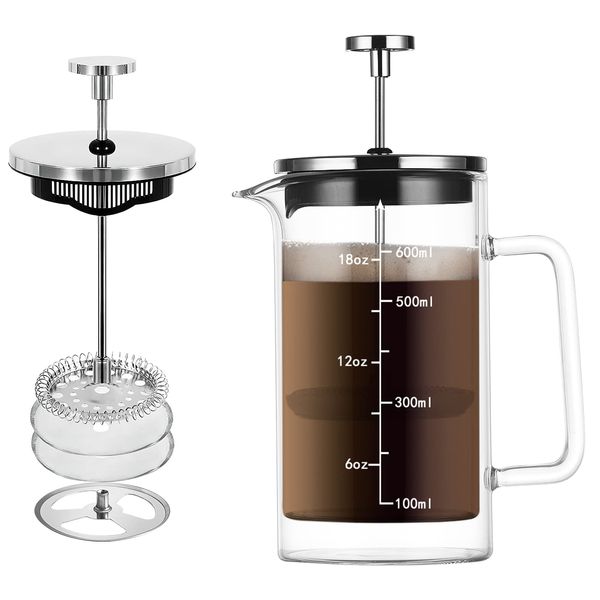 GOODFEER French Press Coffee Maker, Coffee Presses Double Wall Insulated Glass Cold and Hot Brewing Coffee Tea Machine, 4 Cup Espresso Pot With 3 Filters, 20 oz/600ml