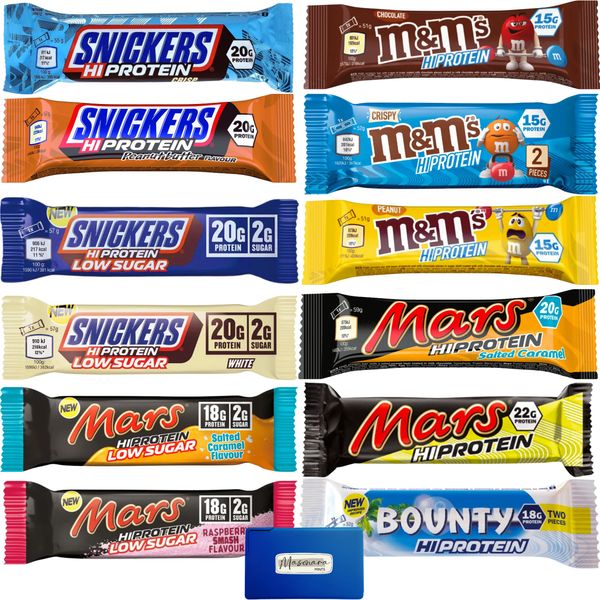 Snickers, Mars, M&Ms Hi Protein Bars Variety 12 Pack - Bundled with Masonara Mints - Snickers High Protein Bars and Others, 15-22g Protein per Bar - 12 Bars (660g Total)