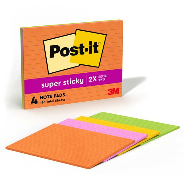 Post-it Super Sticky Notes, 8x6 inches, 4 Pads, (Orange, Pink, Blue, Green), Recyclable (6845-SSP)