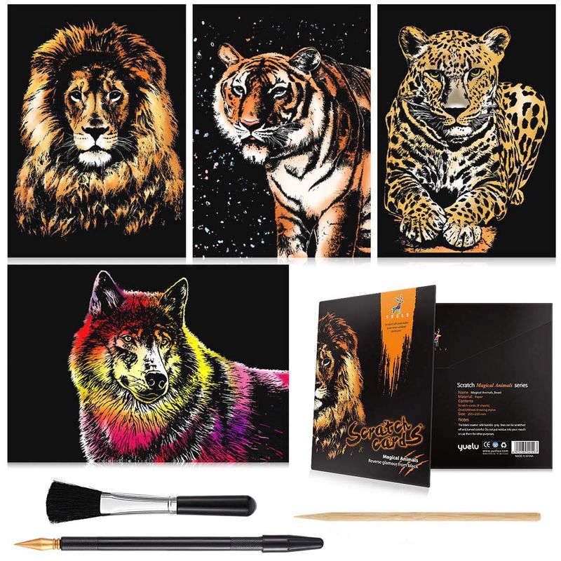 ACEONE Scratch & Sketch Art Paper A4 per bambini e adulti, Pittura arcobaleno Vista notturna Art & Craft, 8 fogli Gratta e vinci e pennarello, Pennello pulito