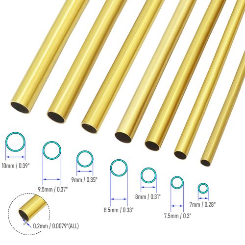 FOCMKEAS 6 PCS 6 Sizes Brass Round Tube Set, 7mm 7.5mm 8mm 8.5mm 9mm 9.5mm OD x 0.2 mm Wall Thickness，300mm/1FT Length,Seamless Straight Copper Pipe Metal Tubing