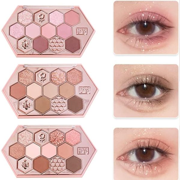 SNS Eyeshadow Cute Honeycomb 12 Colors Makeup Palette Eye Shadow Palette Honey Sugar Brown Powder Eye Shadow ins Eye Shadow Brush Dual Use Waterproof, Sweat-proof, Highly Colorful, Lasting Eye Shadow, 0.4 oz (10.8 g) (603# Fog Brown)