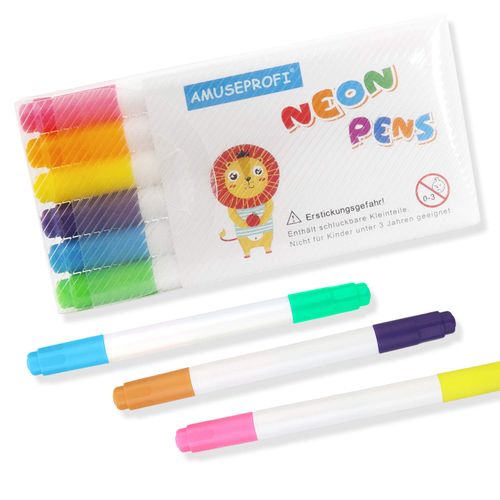 AMUSEPROFI Neon Pens, Neon Marker for Replacement, 2 Tips, Applicable for Writing Board, Drawing Board, Learning Tablet, Pack of 6
