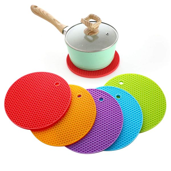 Silicone Trivet, Giftorld 5 PCS Trivet Mat, Hot Pads, Heat Resistant Coasters,Cup Insulation Mat, Tableware Insulation Pad Potholders, Non-slip Mat, Flexible (5 PCS - Round)