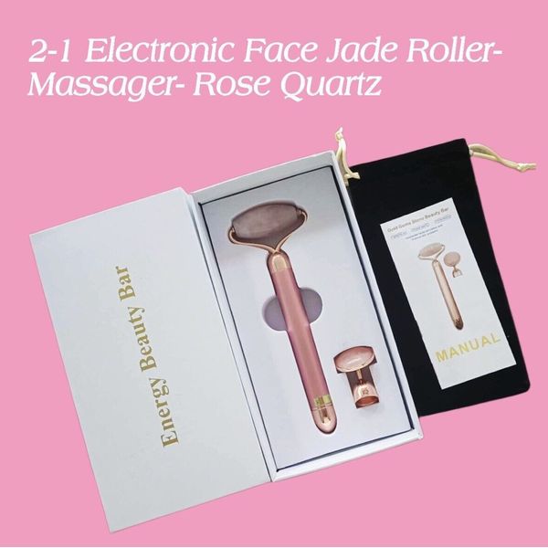 Energy Beauty Bar Set- 2 In 1 Electric Facial Jade Roller/Massager- Rose Quartz