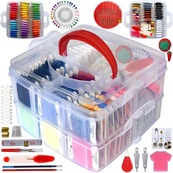 QCZKB 188 Embroidery Floss Set Including Cross Stitch Threads Friendship Bracelet String with 2-Tier Transparent Box, Floss Bobbins and Cross Stitch Kits, Cotton