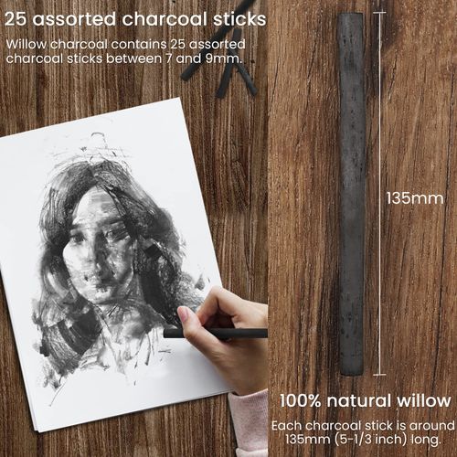 LOONENG Willow Charcoal Sticks, Natural Willow Charcoal for Artists, Beginners, or Students of All Skill Levels, Great for Sketching, Drawing, and Shading, Approx 7-9mm in Diameter, Pack of 25