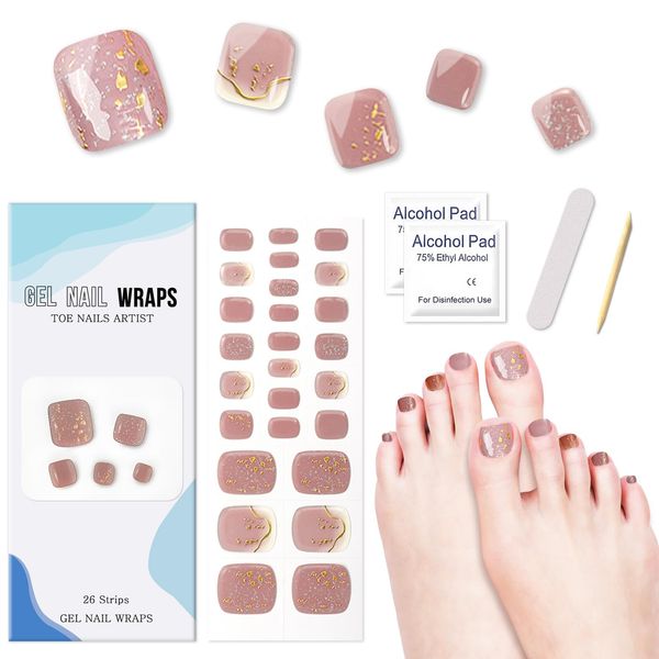 26Pcs Semi Cured Gel Toenail Polish Strips, Self-Adhesive Gel Toe Nail Stickers with Glossy Gel Finishing, Salon Quality Full Nail Wraps Pedicure Stickers for Women Girls (Sparkle Bean Paste)