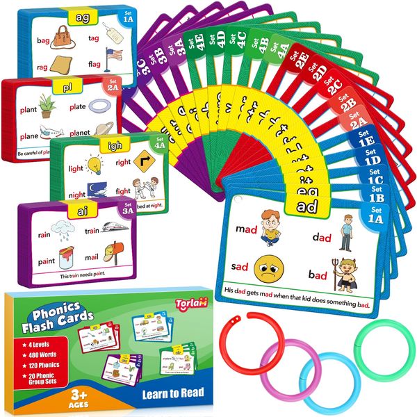 Torlam Phonics Flash Cards Learn to Read Spelling Reading Sight Words Phonics Games, Digraphs CVC Blends Long Vowel Sounds Kids Dolch Fry Site Words for Pre-k Kindergarten 1st 2nd 3rd Homeschool