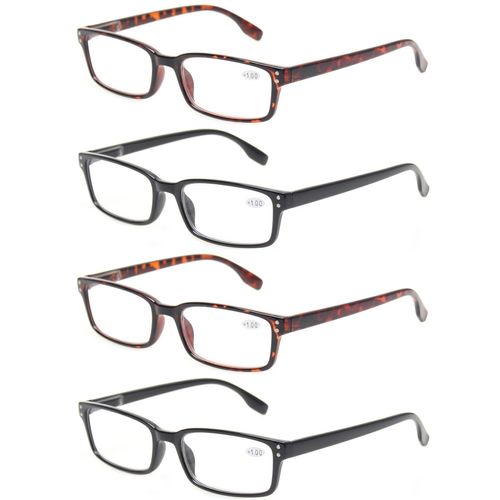 Kerecsen 4-Pack Rectangular Retro Style Men Reading Glasses Spring Hinges Comfortable Readers (+4.00, 2 Black 2 Tortoise)