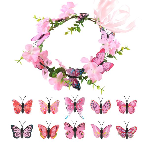 Gmmidea Butterfly Flower Crown for Women Girls Boho Fairy Flower Headband Crown Wedding Bridal Floral Headpiece Hair Wreath with Butterfly Hair Clips Pink