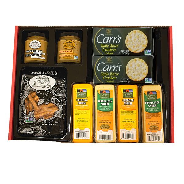 Wisconsin Cheese Company's-Deluxe Cheddar Cheese, Cracker, Pretzel & Mustard Gift Basket. (9 Pack) 100% Wisconsin Cheddar Cheese, Pepper Jack Cheese Assortment Sampler Gift Box. Send for a Birthday Gift, Thank you Gift, Anniversary Food Gift to Send. Grea