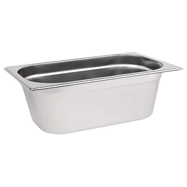 Vogue Stainless Steel 1/4 Gastronorm Tray 150 mm Deep, Silver, Capacity: 4 Litre, Size: 162(H) x 265(W) x 150(D)mm, Food-Safe Steel, Stackable Gastronorm Pan, Lid Sold Separately, K820, Pack of 1