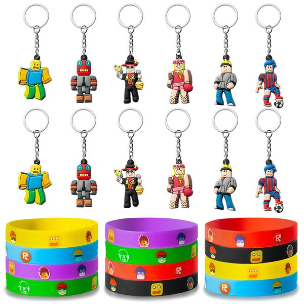 6sisc 24Pcs Robot Blocks Party Favors Set Include 12 Bracelets and Keychains for Video Game Fans Colored Silicone Wristbands Rubber Key Chains Supplies Kids Birthday Themed Party, Multicolor, S