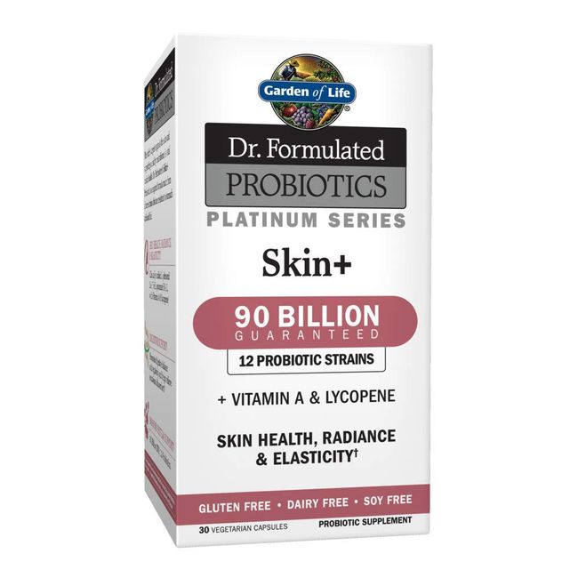 Garden of Life Dr. Formulated Platinum Series Skin+ 90 Billion CFU Guaranteed, 12 Probiotic Strains + Vitamin A & Lycopene for Skin Health, Radiance & Elasticity, Vegetarian Supplement, 30 Capsules