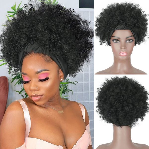 LEOSA Kinky Curly Wig Black Headband Wigs for Women Short Hair Afro Headband Wig Curly Natural Afro Wig with Headband Attached Short Synthetic Afro Curly Headband Wigs Natural Black Half Wig